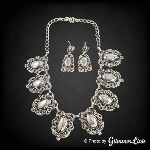 Vintage Silver Tone Ornate Medallion Necklace & Screw Back Earrings Set